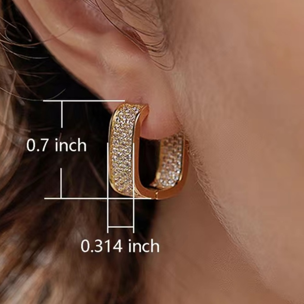 Silver Zircon Diamond White Gold Plated Pave Square Hoop Minimalist Earrings - Picture 3 of 3